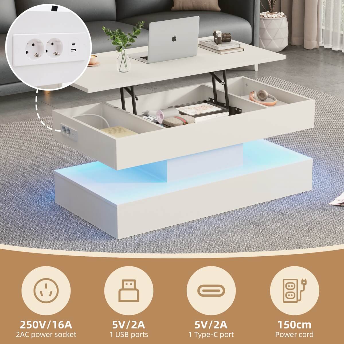 LED Lift Top Coffee Table - Modern Storage Table with Hidden Compartment