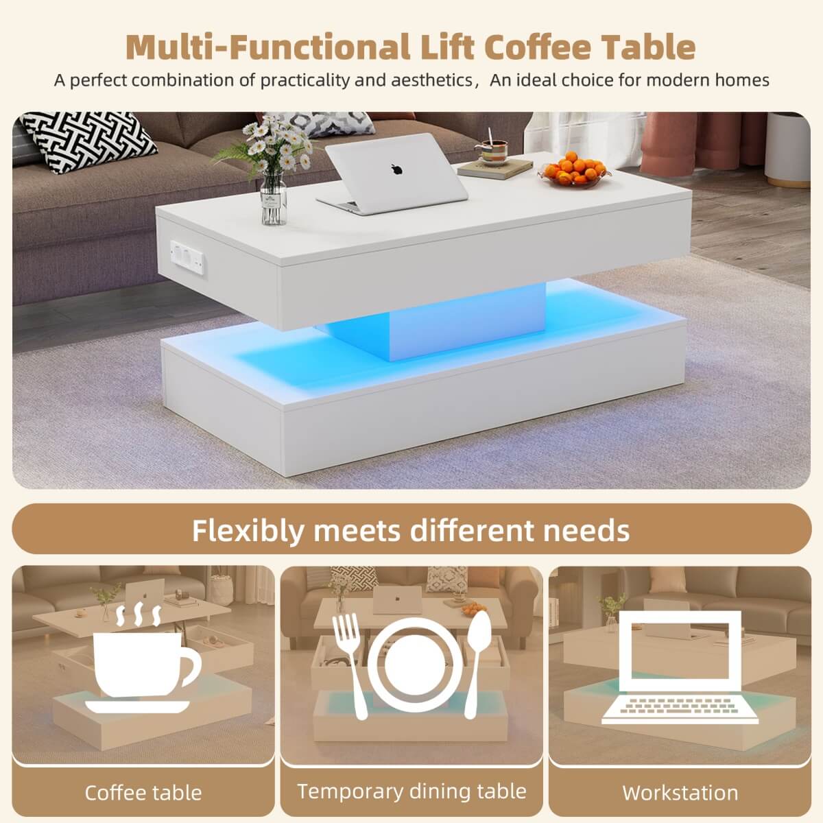 LED Lift Top Coffee Table - Modern Storage Table with Hidden Compartment