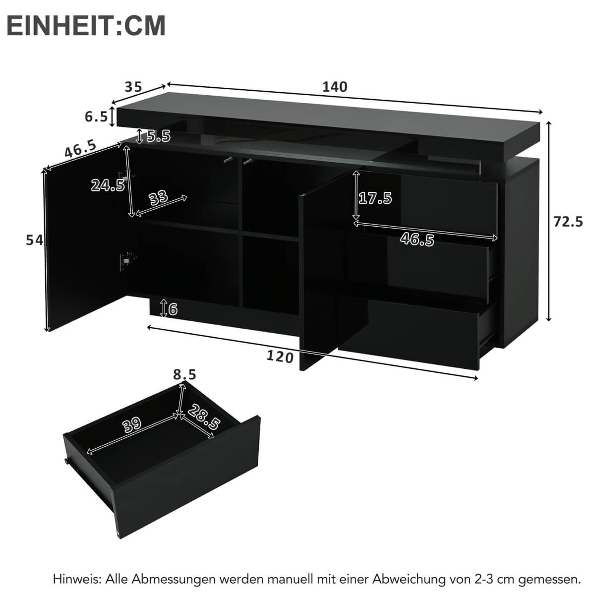 LED Sideboard - High Gloss Cabinet with 2 Doors and 3 Drawers, Black