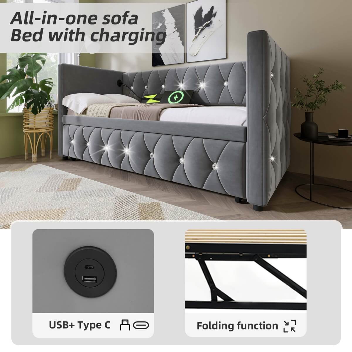3ft Single Velvet Daybed with Trundle - Sofa Bed with USB & Type C Charging, Grey