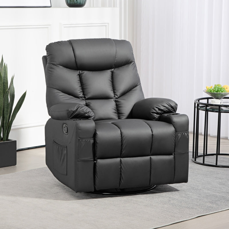Manual Reclining Chair, Swivel Armchair with Footrest and Cup Holders, Black Faux Leather