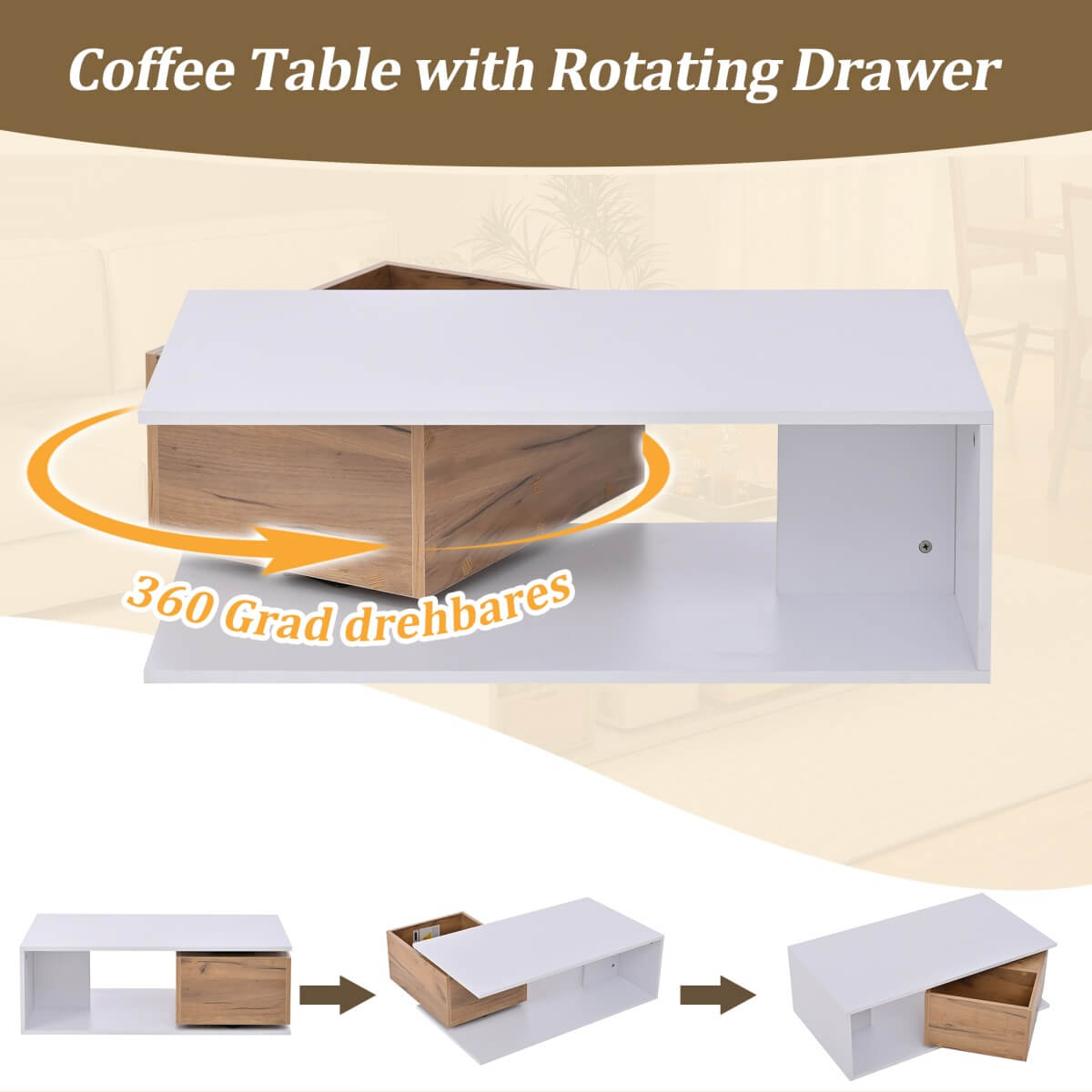 High Gloss Coffee Table with 360° Rotating Drawer – White & Wood Centre Table