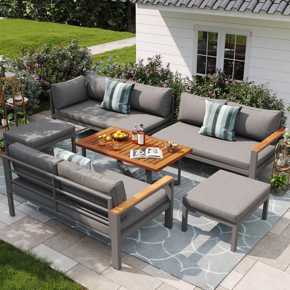 7-8 Seater Rattan Garden Furniture Set - L Shaped Corner Sofa with Coffee Table and Stools, Grey