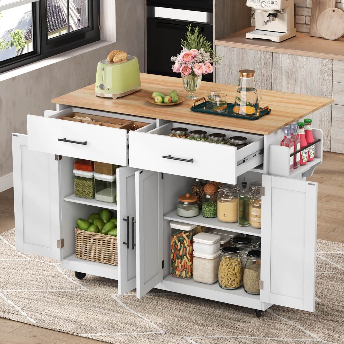 Kitchen Island Trolley with Drop Leaf - Rolling Serving Cart with Storage