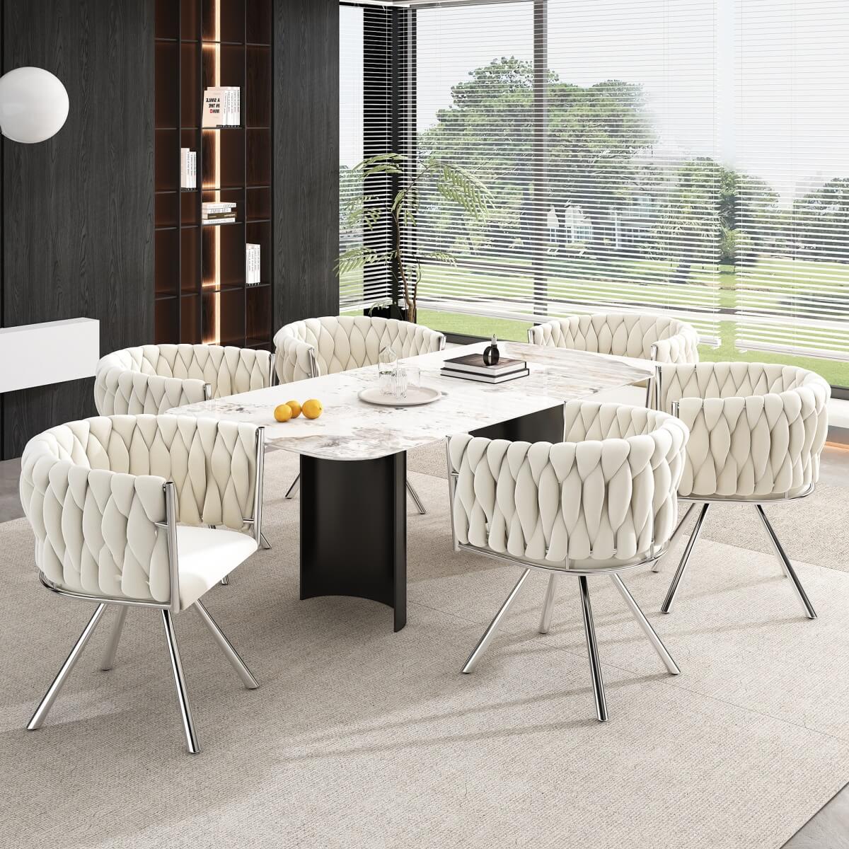 Set of 6 Velvet Swivel Dining Chairs - Upholstered Dining Chairs with 4 Metal Legs for Kitchen & Dining Room, Beige
