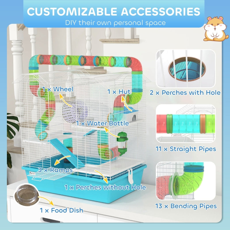 4 Tier Hamster Cage with Tubes, Exercise Wheel, Hut, Water Bottle, Food Dish, Ramps - Light Blue