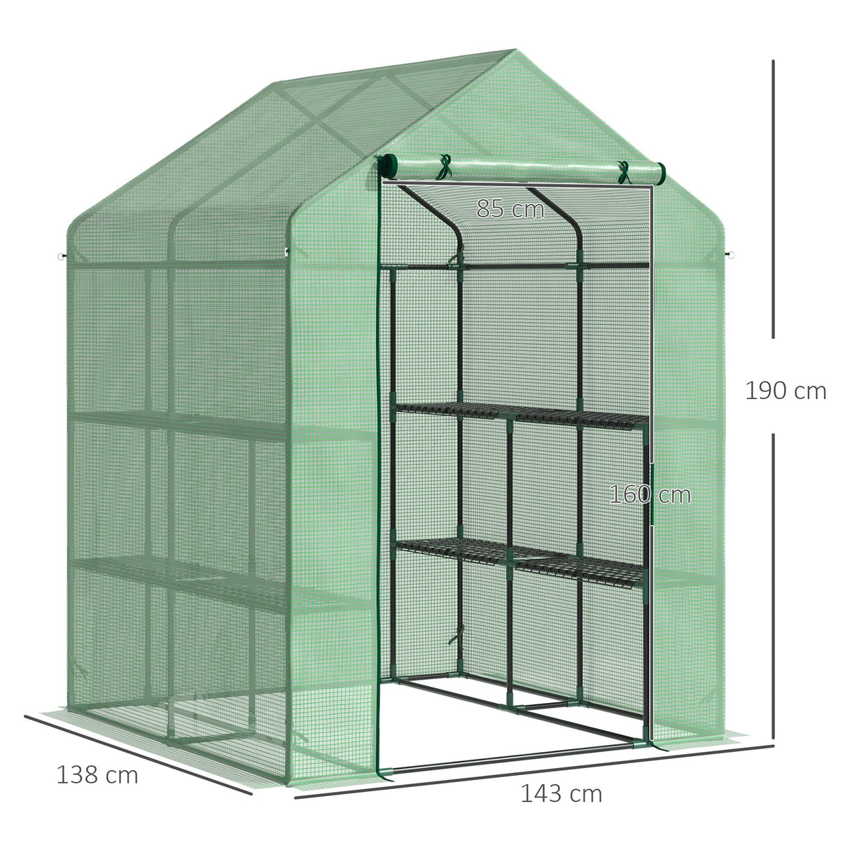 Walk in Greenhouse with Shelves, Steeple, Removable Cover, Green