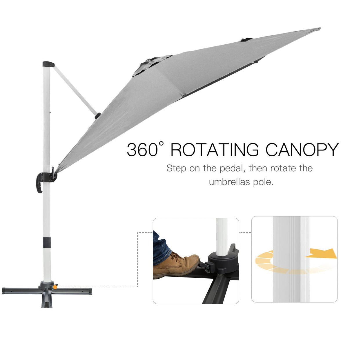 Cantilever Roma Parasol, Square Garden Umbrella with Cross Base, Crank, Tilt, 360?? Rotation, Aluminium Frame, Grey