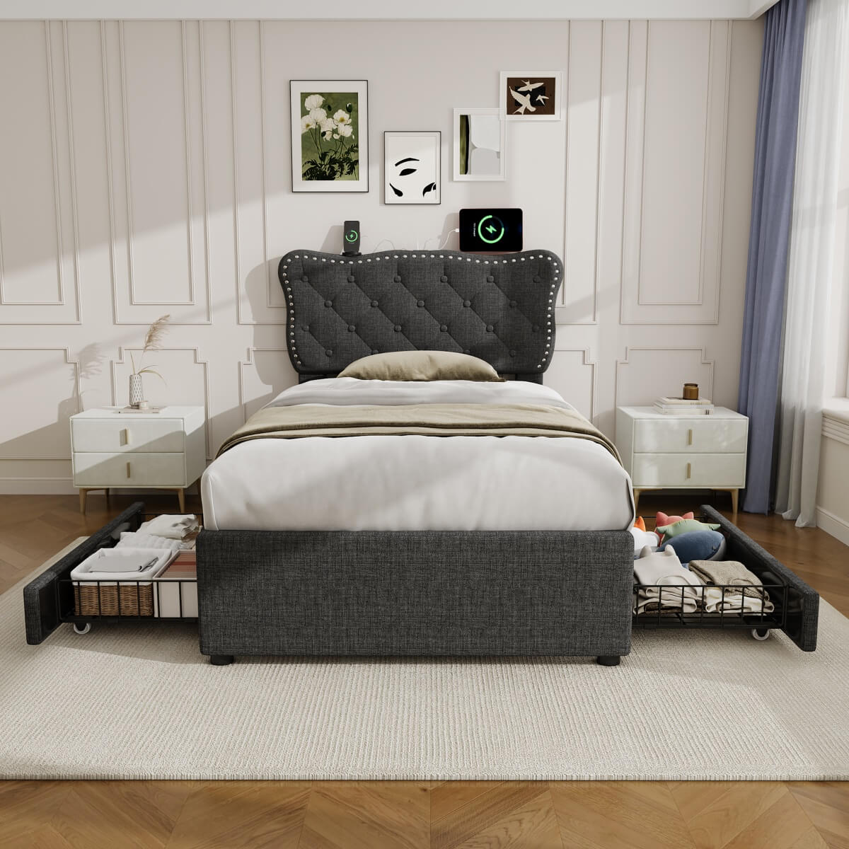 3ft Single Upholstered Bed - USB Charging, Storage Drawers, Adjustable Headboard