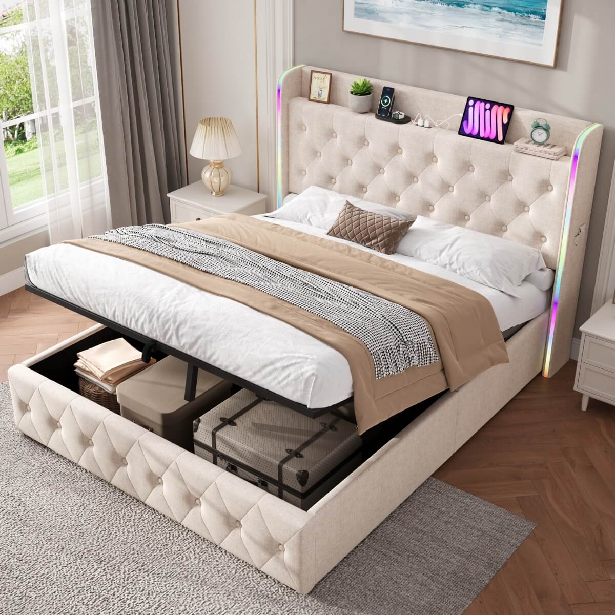 4ft6 Double Ottoman Storage Bed with LED Headboard & USB Charging - Upholstered Linen Bed