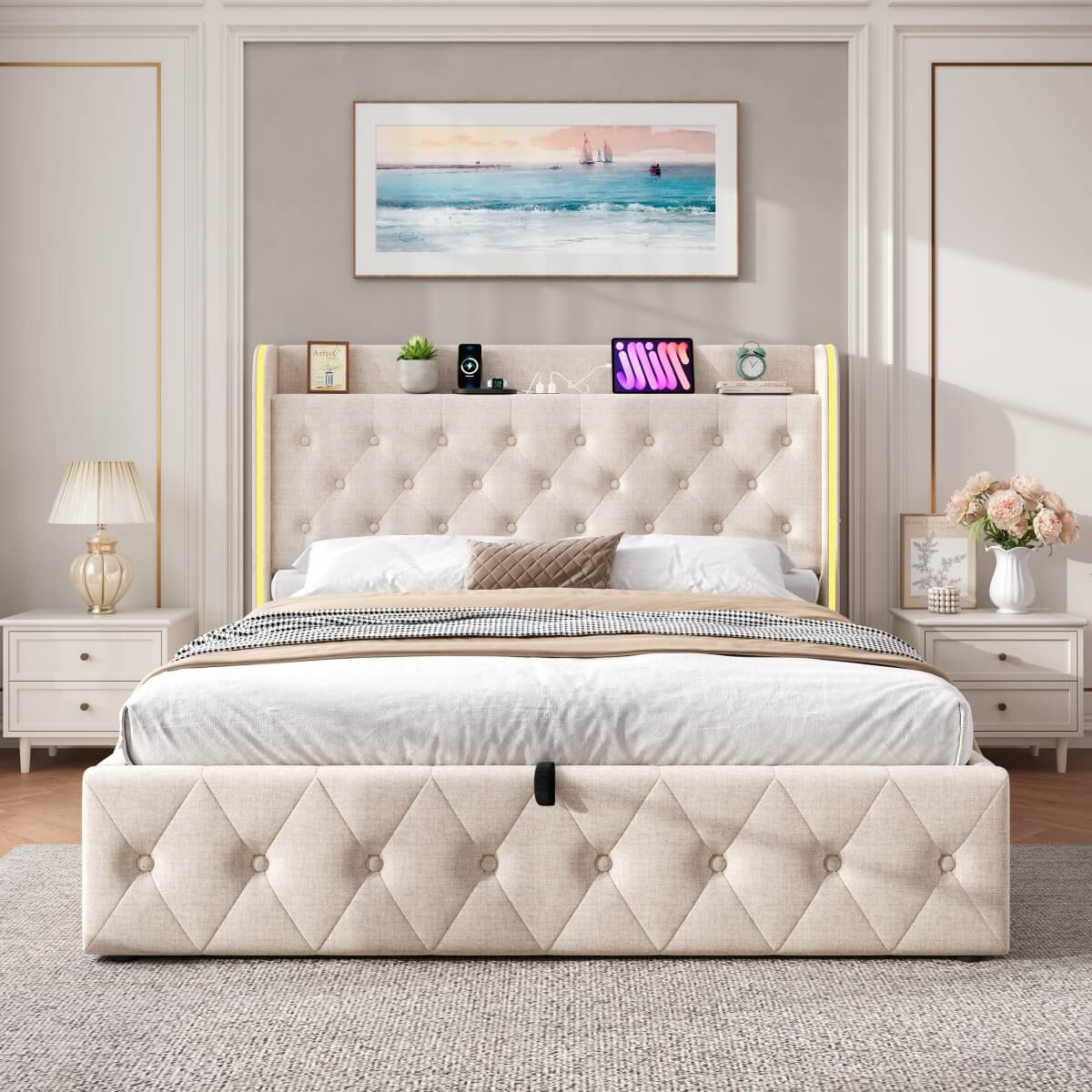 4ft6 Double Ottoman Storage Bed with LED Headboard & USB Charging - Upholstered Linen Bed
