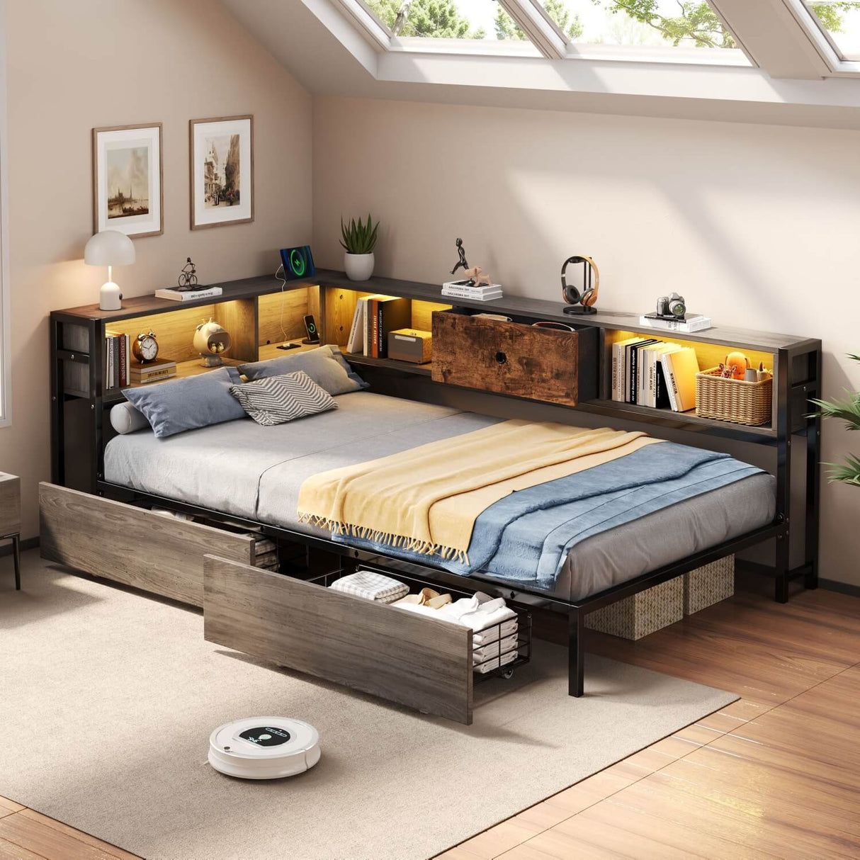 3ft Single Storage Bed with LED Lights & Charging Station - Metal and Wood Bed Frame with Drawers