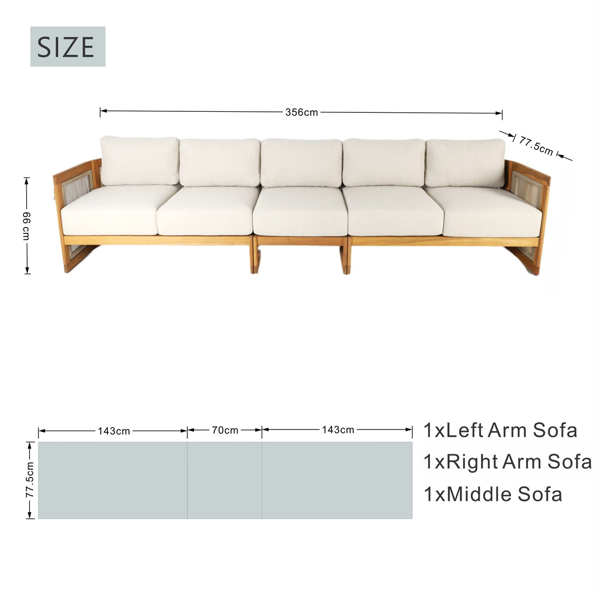 CAVEN Modular 5-Seater Solid Wood Garden Sofa Set - 3-Piece Outdoor Lounge Set