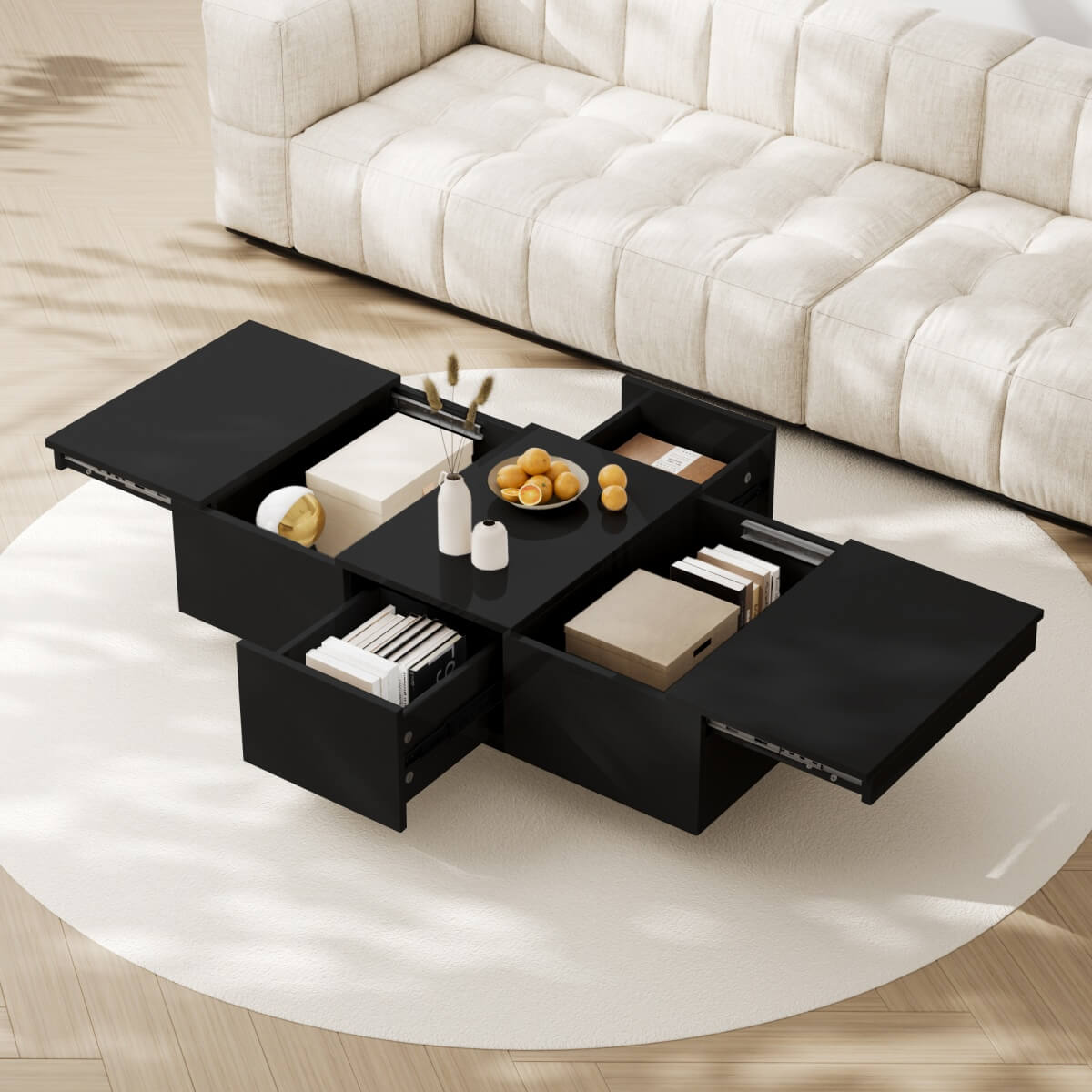 High Gloss Black Coffee Table with Storage - Push-to-Open Drawers, Modern Living Room Table