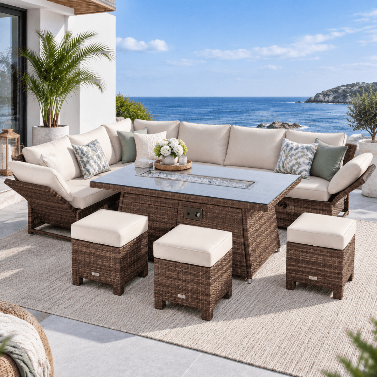 8-9 Seater Outdoor Fire Pit Set - Garden Corner Sofa with Rectangular Fire Pit Table, Footstools & Adjustable Armrests