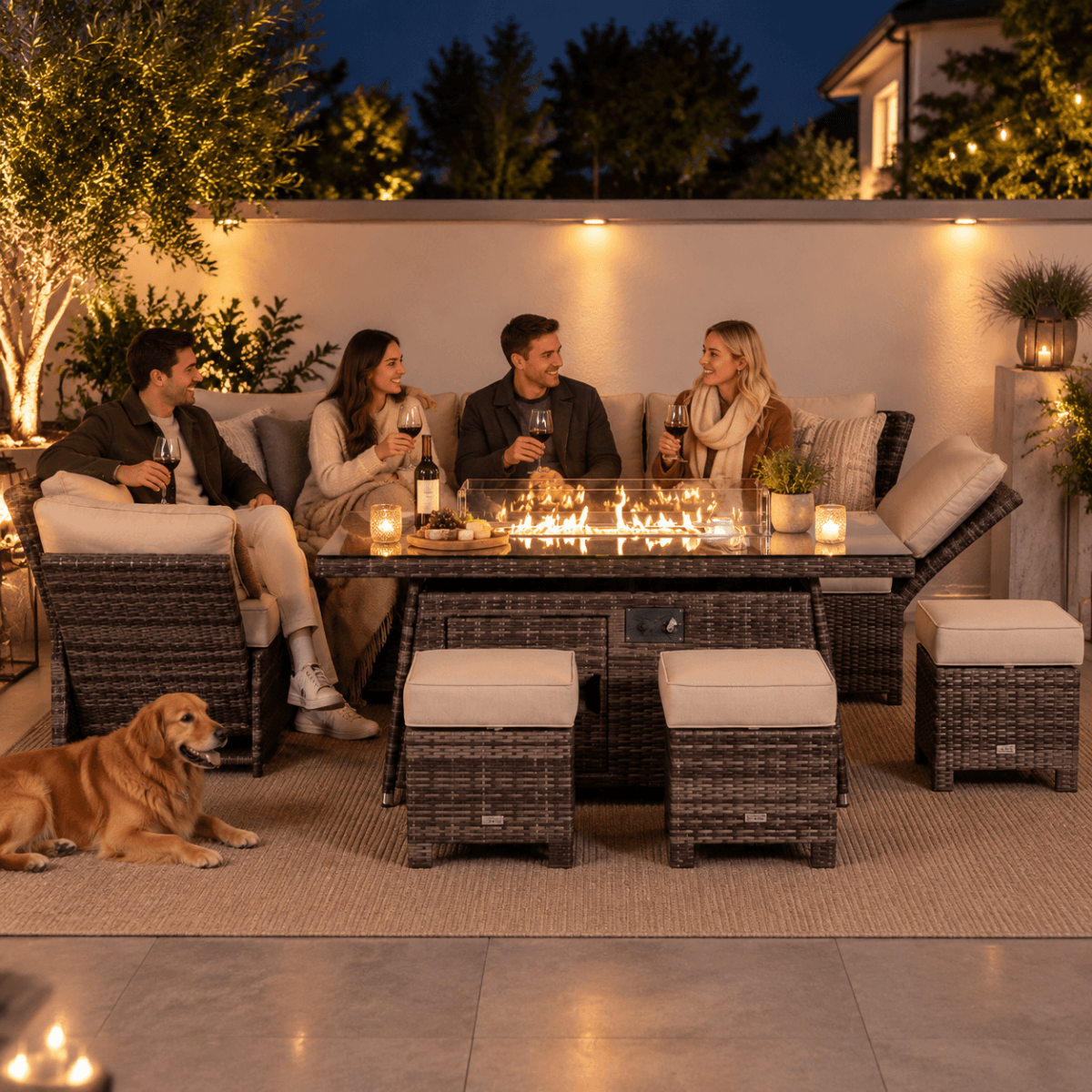 8-9 Seater Outdoor Fire Pit Set - Garden Corner Sofa with Rectangular Fire Pit Table, Footstools & Adjustable Armrests