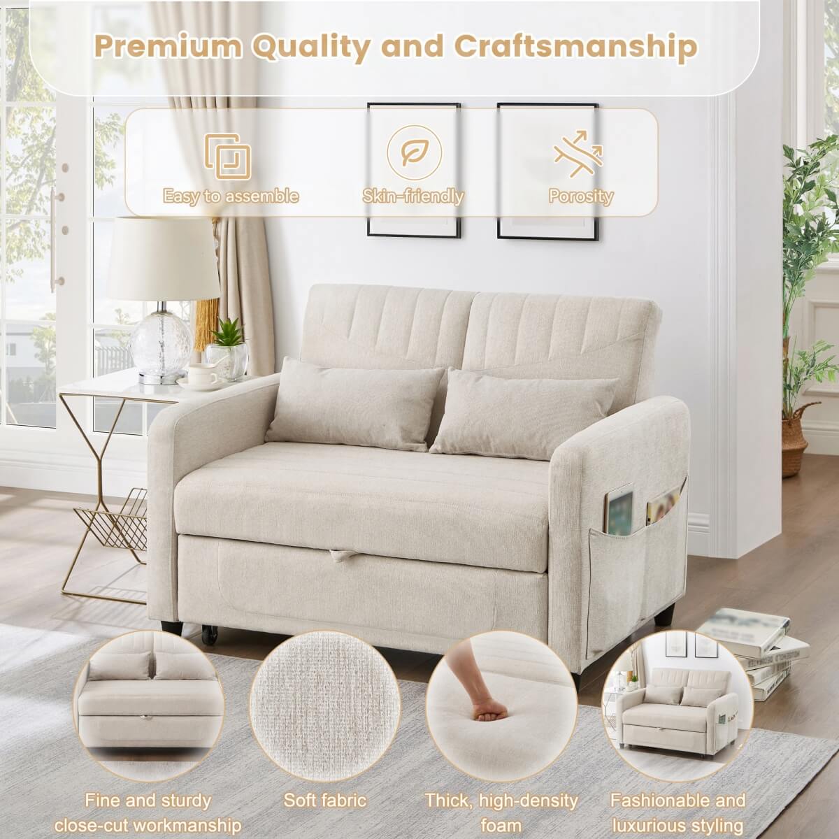 2 Seater Pull-Out Sofa Bed with Sleeping Function - Convertible Linen Sleeper Sofa, Adjustable Backrest, Beige