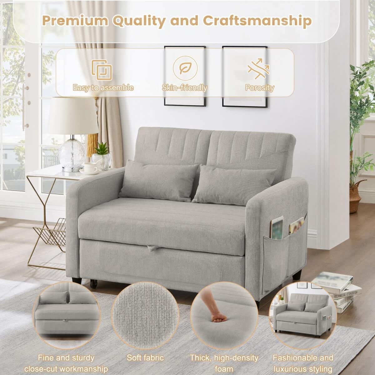 2 Seater Fold-Out Sofa Bed with Sleeping Function - Pull-Out Sleeper Sofa, 3-Level Adjustable Backrest, Cotton Linen Fabric, Light Gray