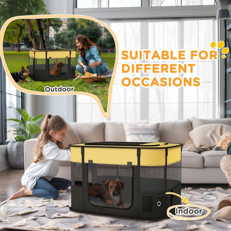 Foldable Dog Pen, Portable Pet Playpen with Ground Stakes - Yellow