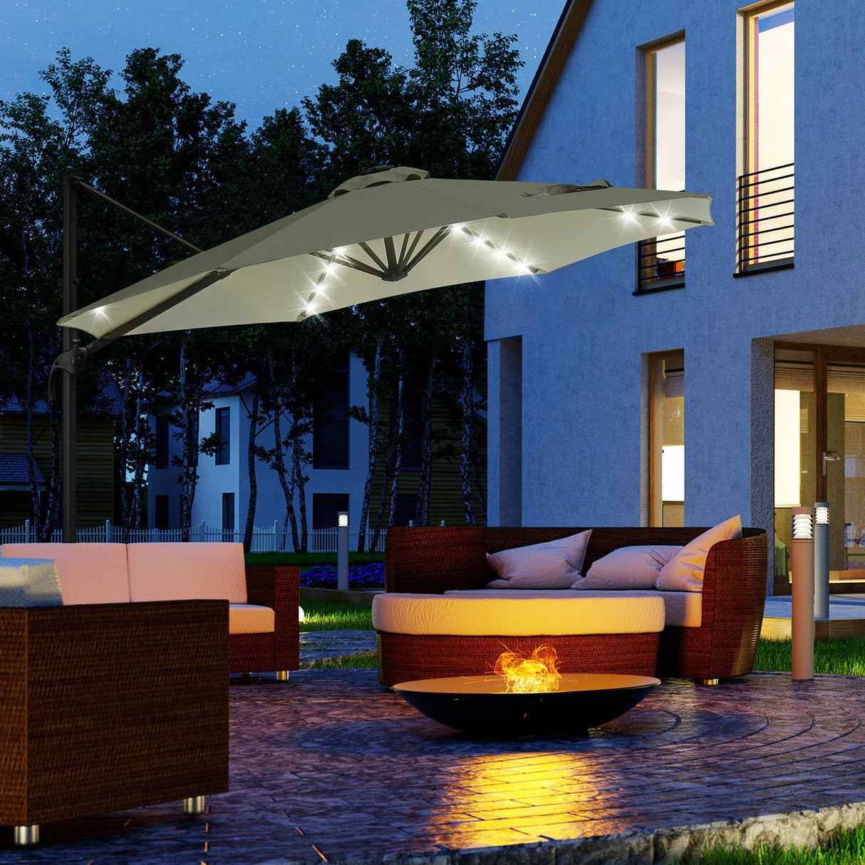 LED Cantilever Parasol, 3m with Solar Lights, Grey