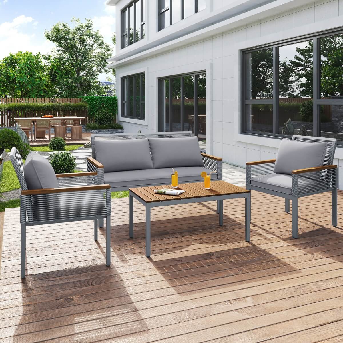 Garden Furniture Set with Cushions – Rattan Outdoor Lounge, Double Sofa, 2 Armchairs & Table