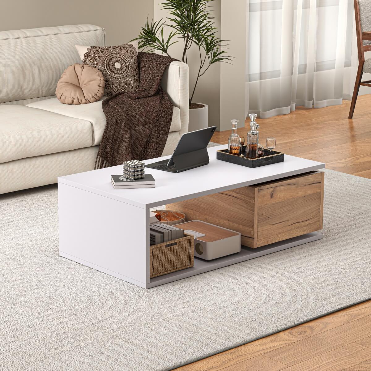 High Gloss Coffee Table with 360° Rotating Drawer – White & Wood Centre Table