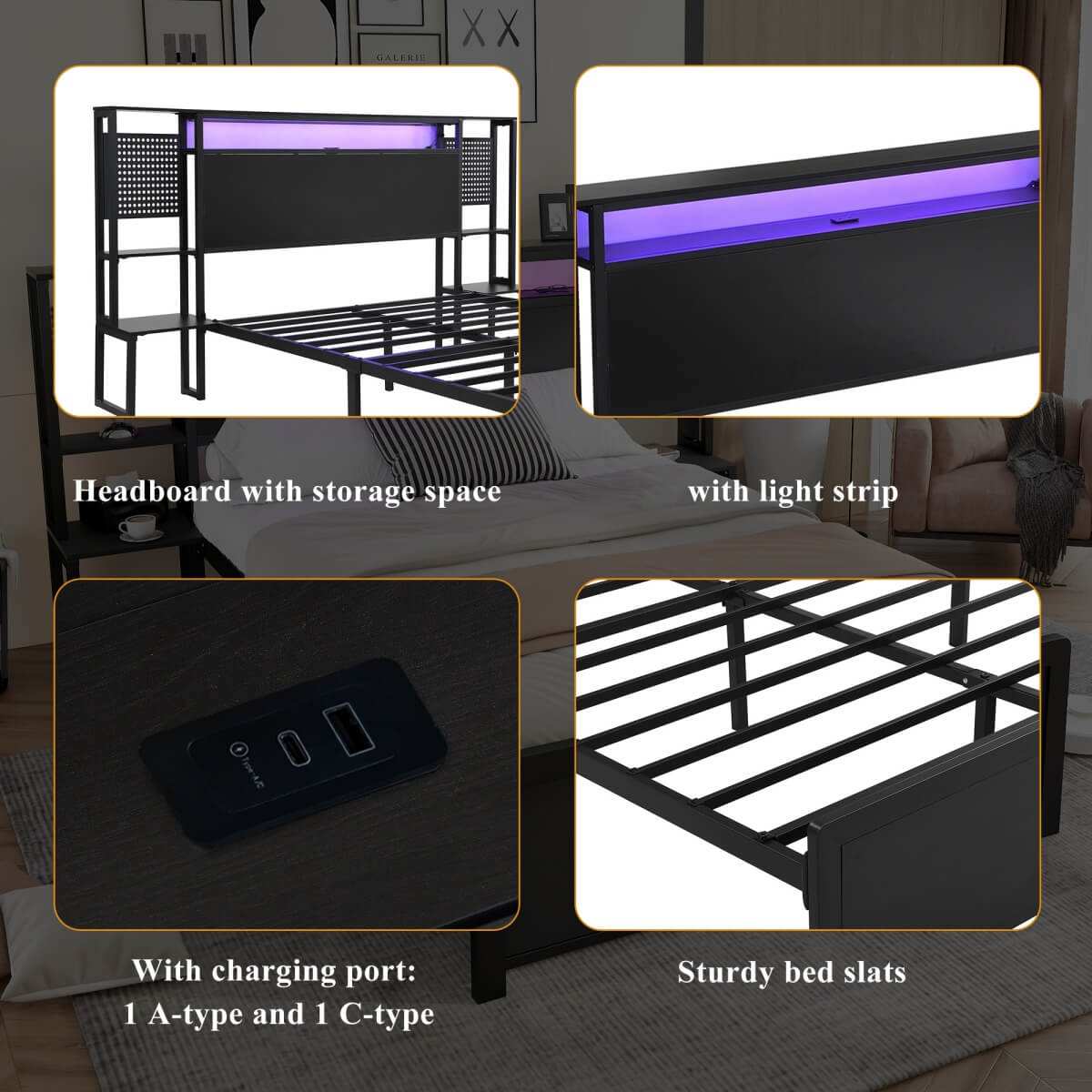 4ft6 Double Metal Bed Frame with LED Lights and Integrated Bedside Table - Black Iron Bed with 2 USB-A Ports and 1 USB-C Charging Port