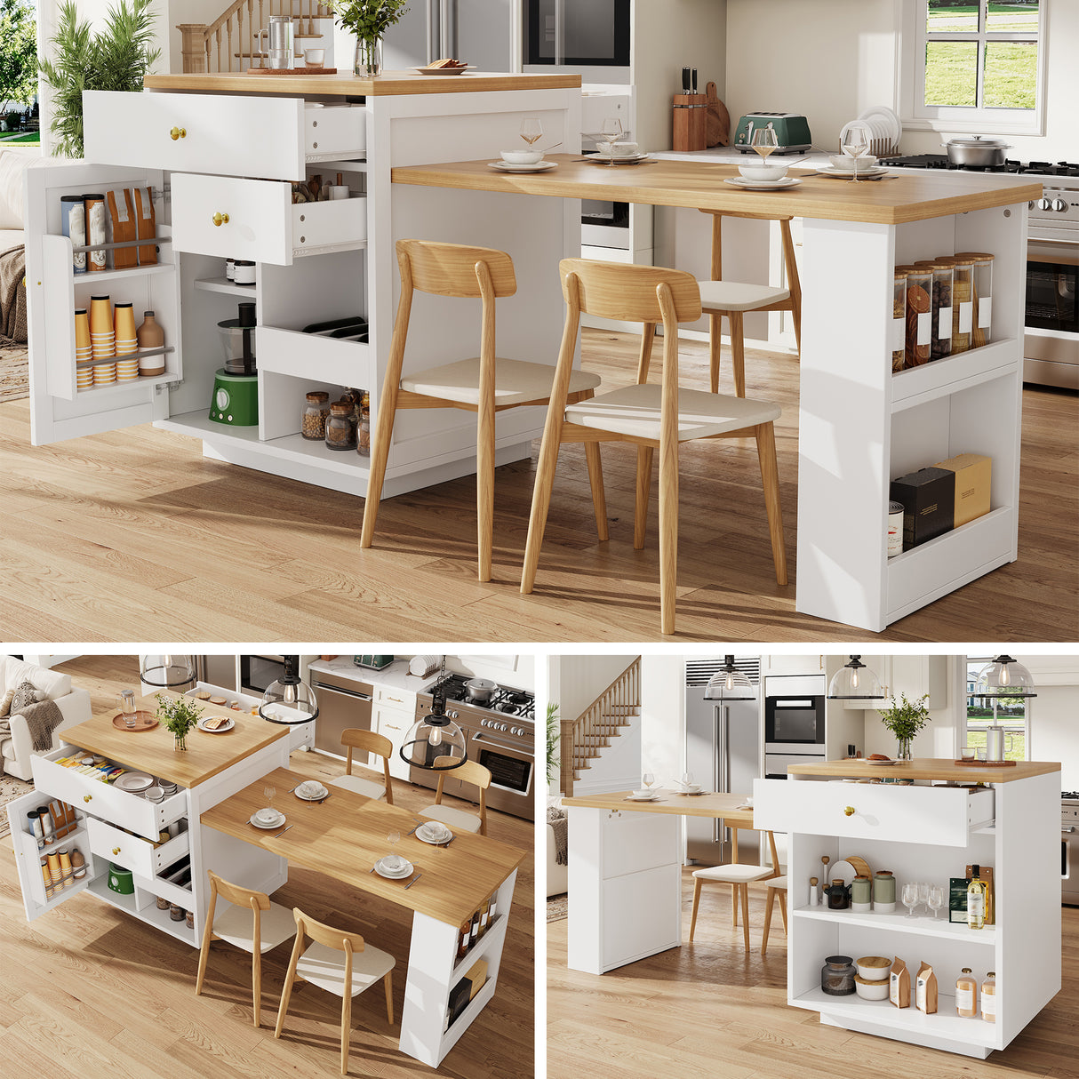 Extendable bar table with storage (122.5-195.57093.8cm), with three drawers and wine rack, kitchen island with extendable table, for 2-6 people, kitchen dining cart with side shelves, white