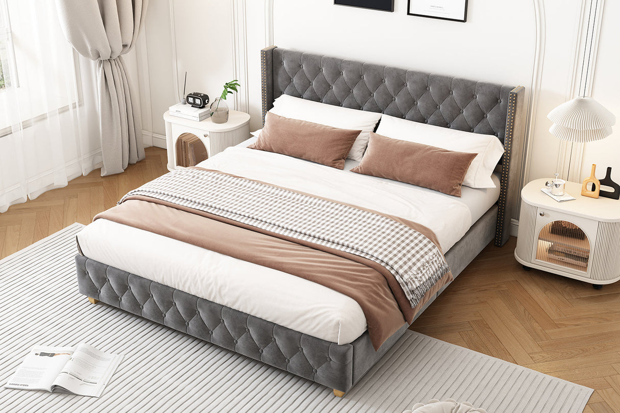 Upholstered Double Bed (4ft6/135x190cm) with Slatted Frame, Headboard, Button & Rivet Upholstery, Wooden Legs, Grey Velvet