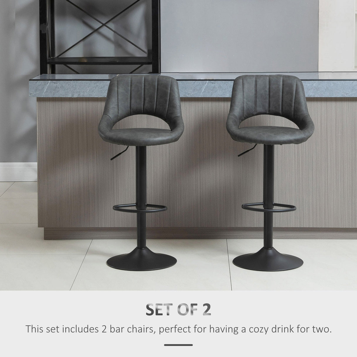 Bar Stools Set of 2, Swivel Adjustable Armless with Back, PU Leather Dark Grey