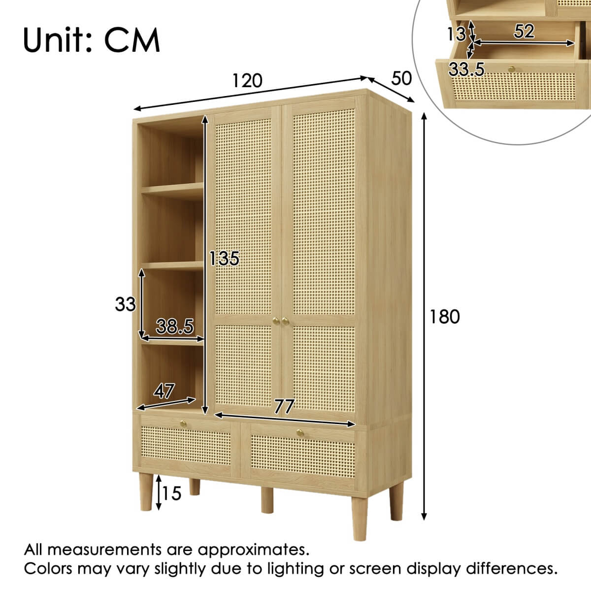 Rattan 2-Door Wardrobe - Hanging Rail, 4 Storage Shelves, 2 Drawers and Anti-Tip Device, Oak Effect