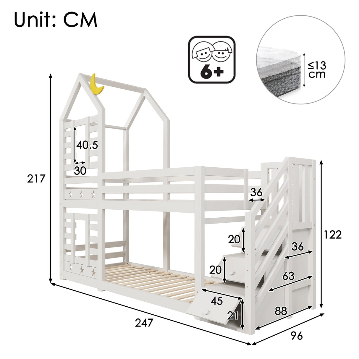 Bunk Bed, Children Cabin Single Bed with Window, 190x90cm Solid Pine Wood, White
