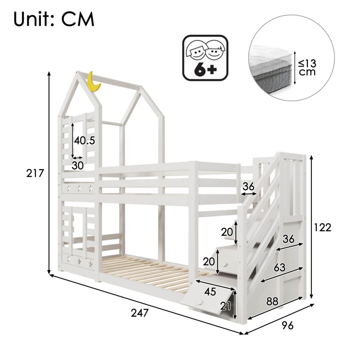 3ft White Wooden Cabin Bunk Bed for Kids - Single Bed with Storage & Window, Pine Wood