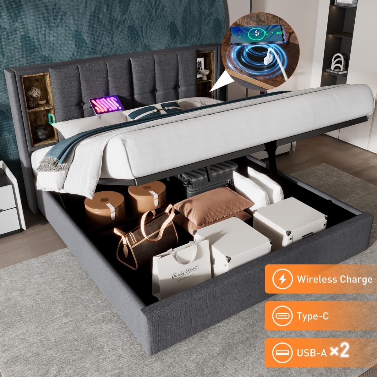 4ft6 Double Ottoman Bed Frame - Upholstered Storage Bed with Wireless Charging & USB C, Grey