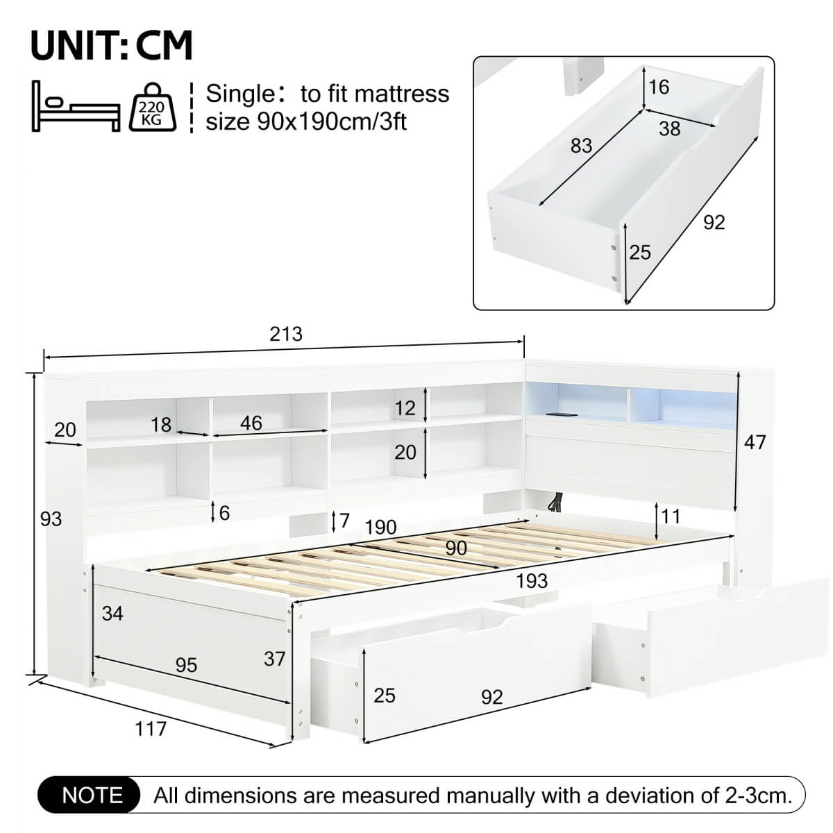 3ft Single Wooden Daybed with Storage Drawers - LED Bed Frame with Bedside Storage and Charging Station, White