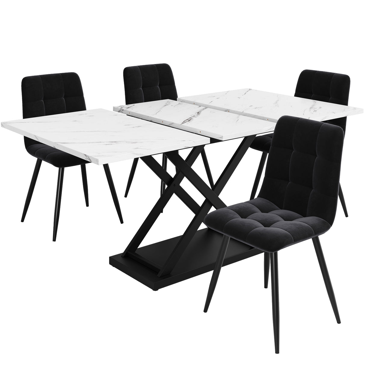 Dining Set (5-Piece) Extendable for 4 People with Black Velvet Chairs and White Marble Table
