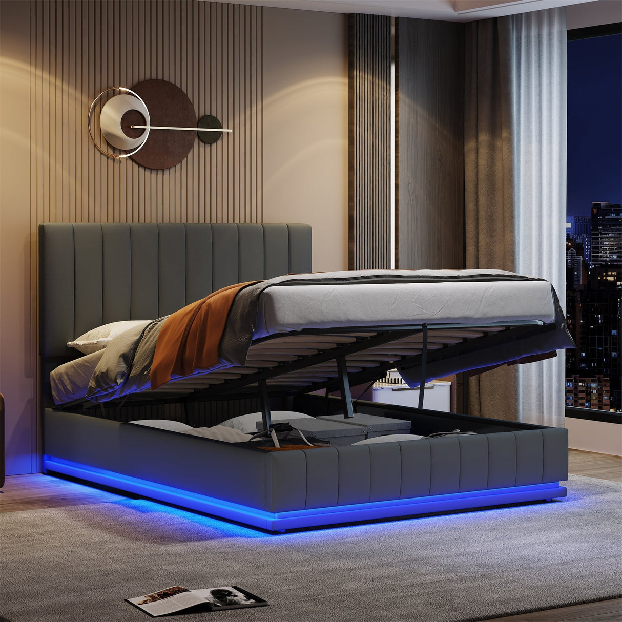 Ottoman King Bed with LED Lighting, Hydraulic Storage, and Adjustable Channel Tufted Headboard, Grey PU Leather
