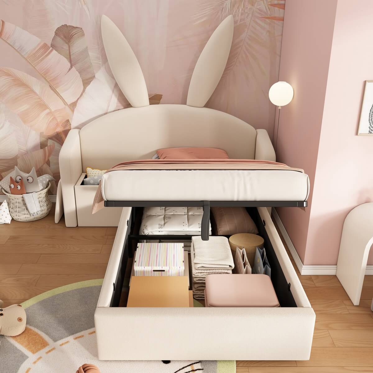 3ft Bunny Ears Kids Storage Bed with Hydraulic Lift & Bedside Shelf - Upholstered Single Bed, Beige