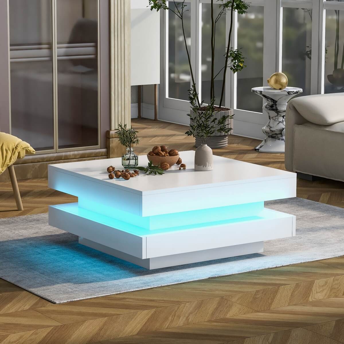 White High Gloss Coffee Table with 360¡ã Rotating Top & LED