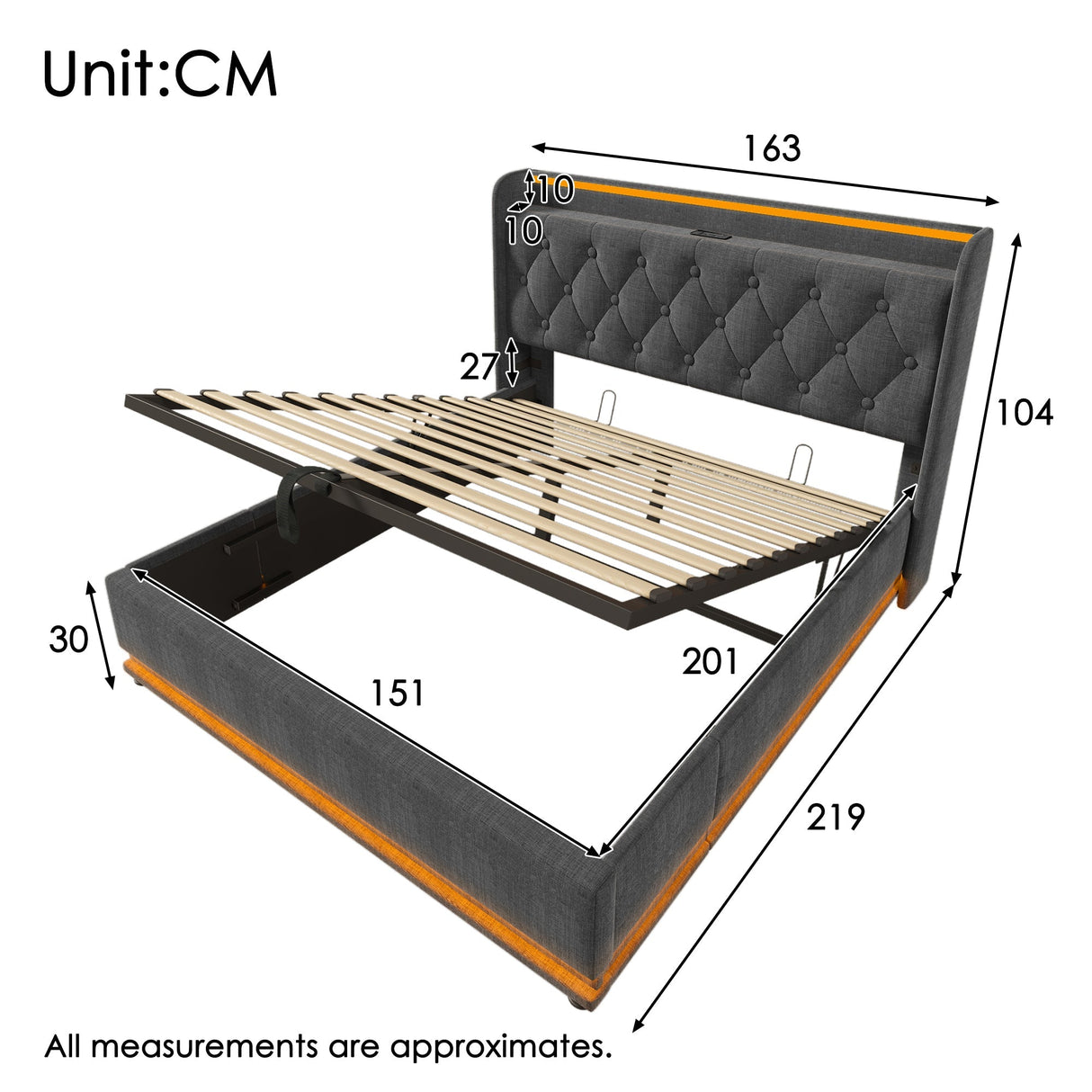 Upholstered King Ottoman Bed with 360 Surround LED Function, Hydraulic Storage, Charging Function, Linen Grey
