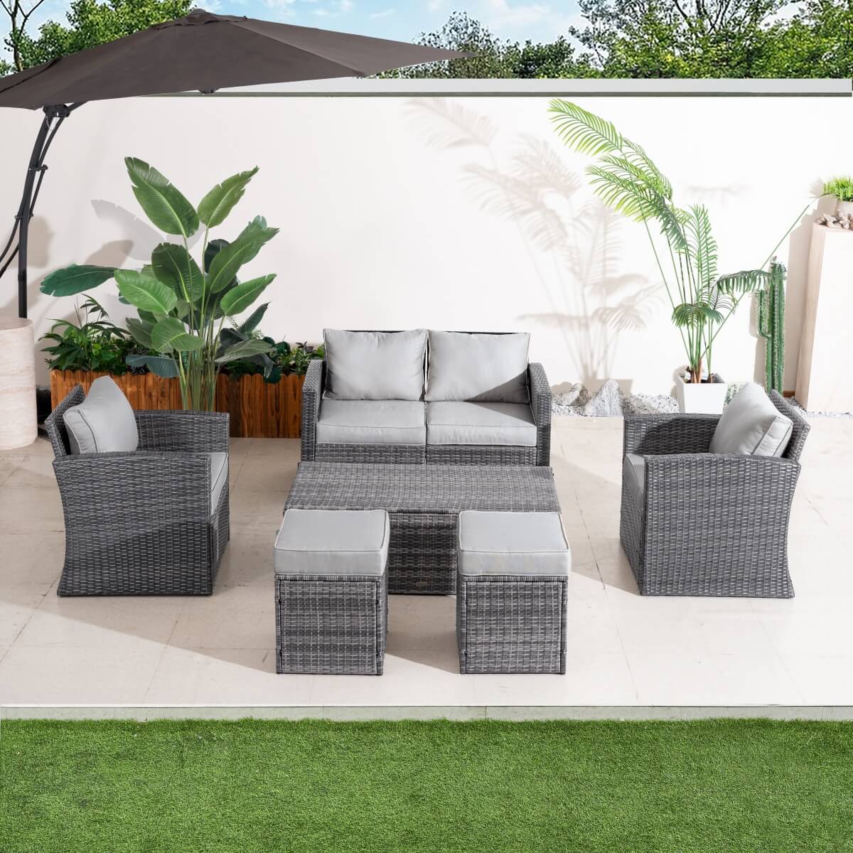 6 Seater Outdoor Rattan Sofa Set - Garden Lounge with Coffee Table Featuring Built-In Storage and Footstools