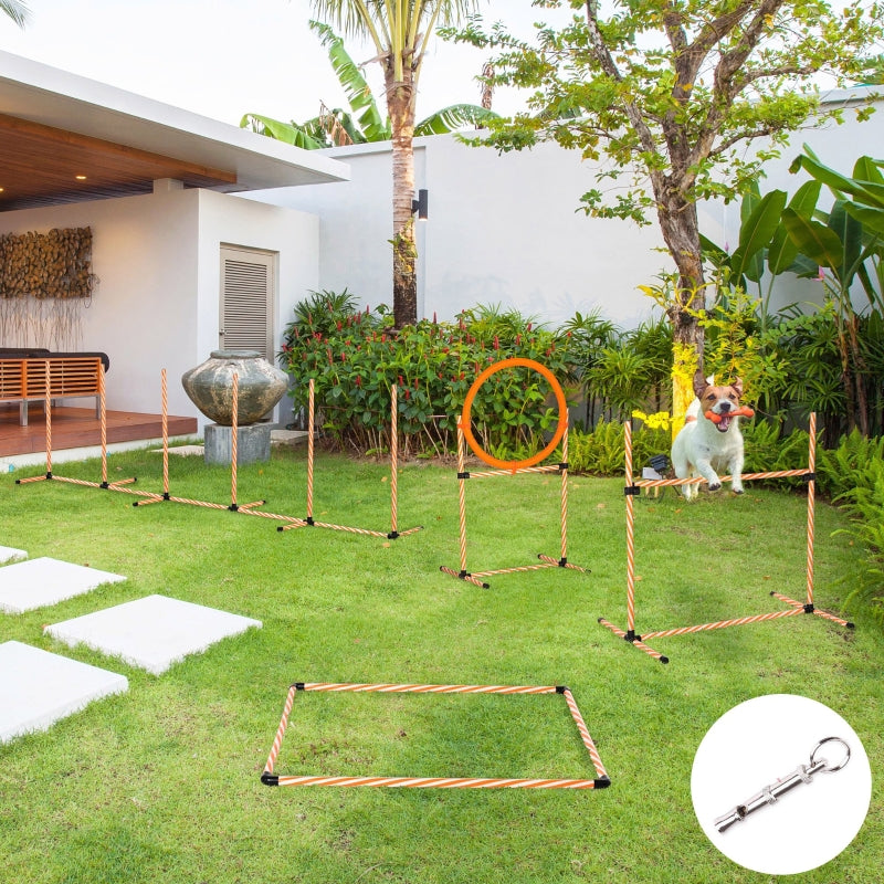 Dog Agility Equipment Pet Training Set, Adjustable Height Jump Ring Hurdle Whistle Weave Poles Square Pause Box with Carry Bag