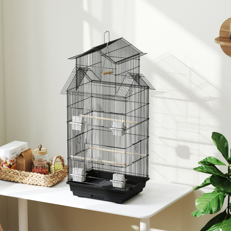 Metal Bird Cage with Swing, Perch, Food Container, Tray, Handle