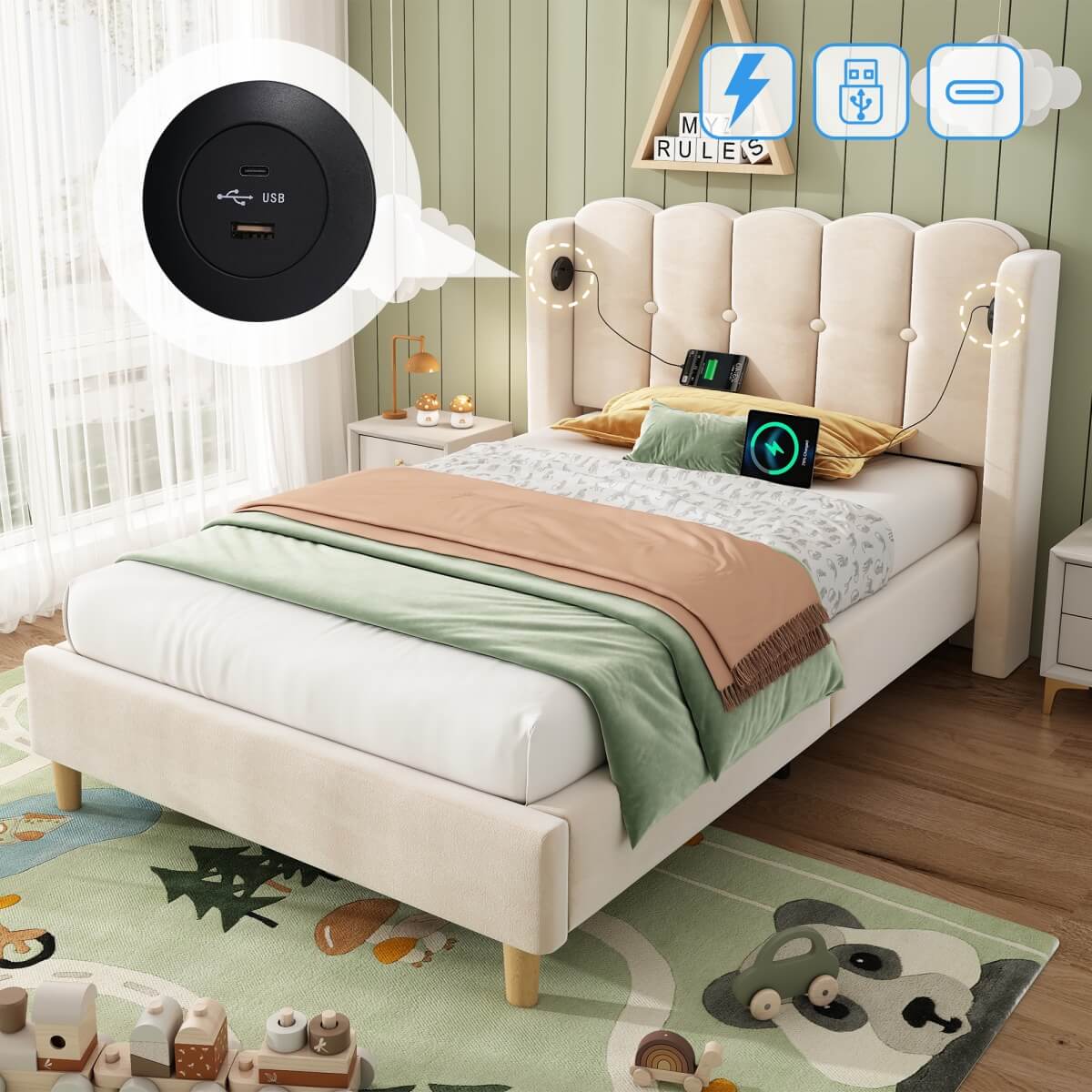 3ft Single Upholstered Bed - Velvet Bed Frame with USB & Type-C Charging, Wooden Slats, Beige