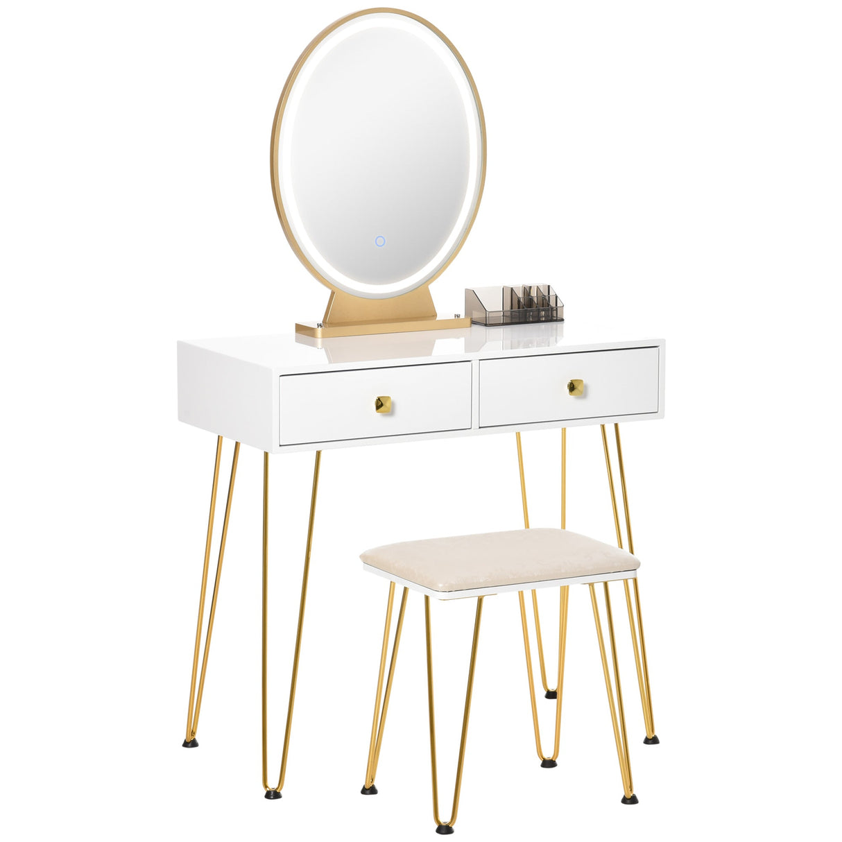 Dressing Table Set with LED Light, Round Mirror, 2 Drawers, Cushioned Stool, White