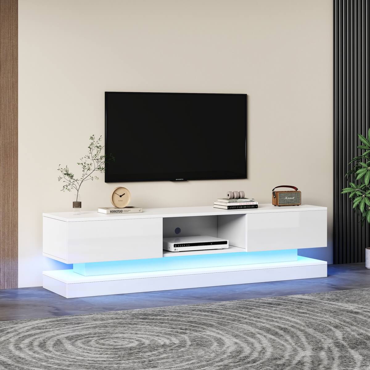 160cm High Gloss LED TV Stand - White TV Cabinet with 2 Drawers & Open Storage