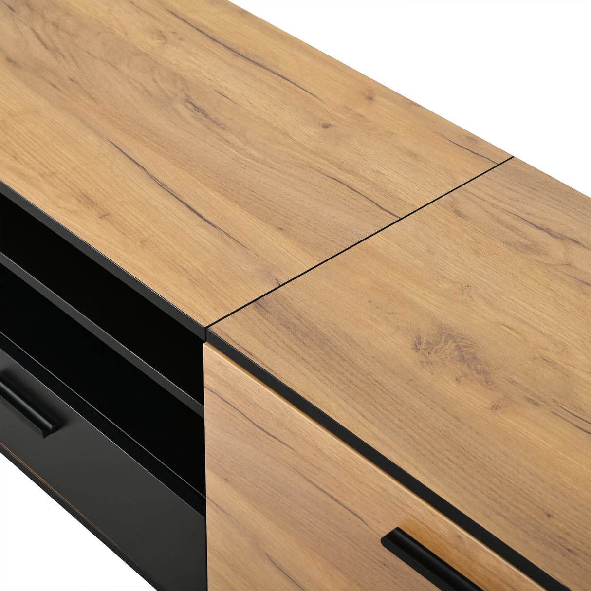 Modern 180cm TV Stand, Lowboard, TV Cabinet, TV Unit, TV Entertainment Center, Oak & Black Media Console with Drawer & Cabinets, Industrial Low Storage Cabinet for Living Room, TVs up to 75"