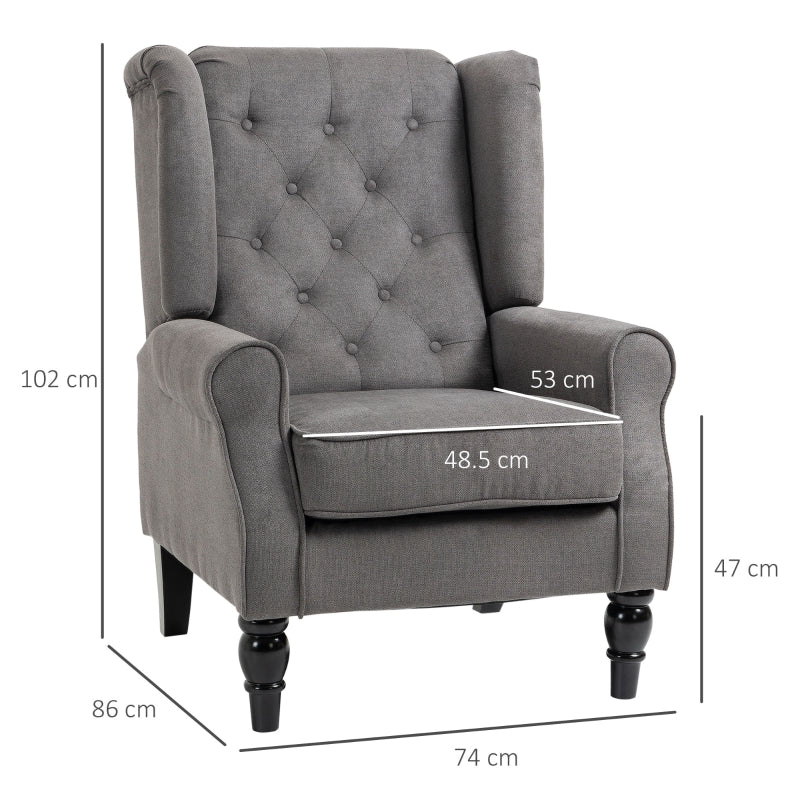 Retro Accent Chair, Wingback Armchair with Wood Frame, Dark Grey Linen