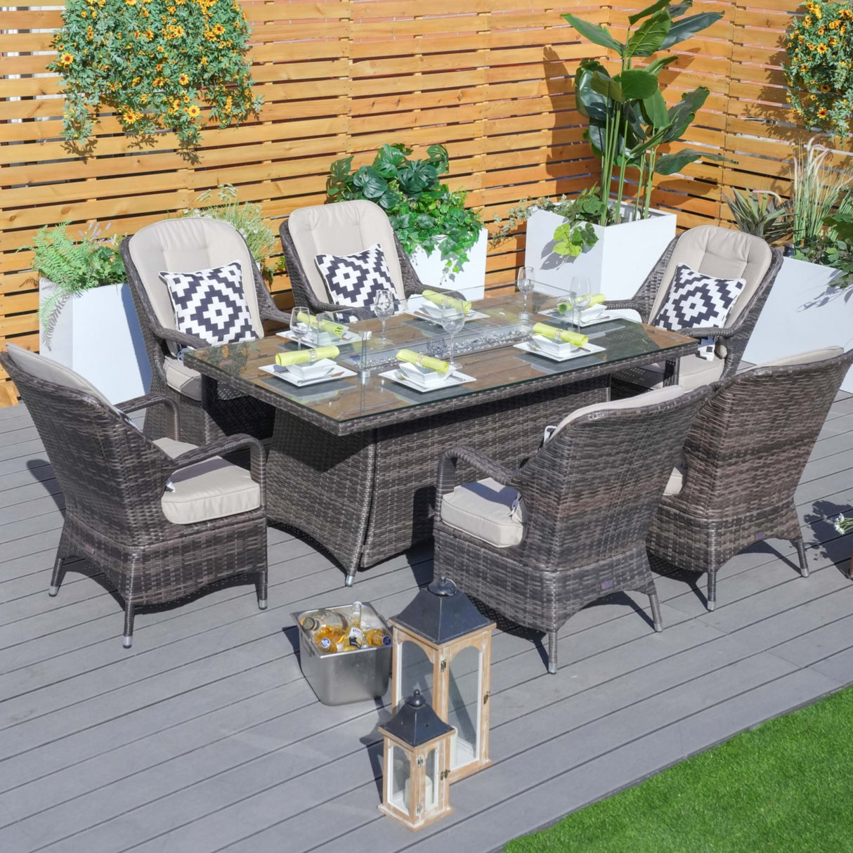 6 Seater Rattan Fire Pit Dining Table - Rectangular Outdoor Table with Glass Top