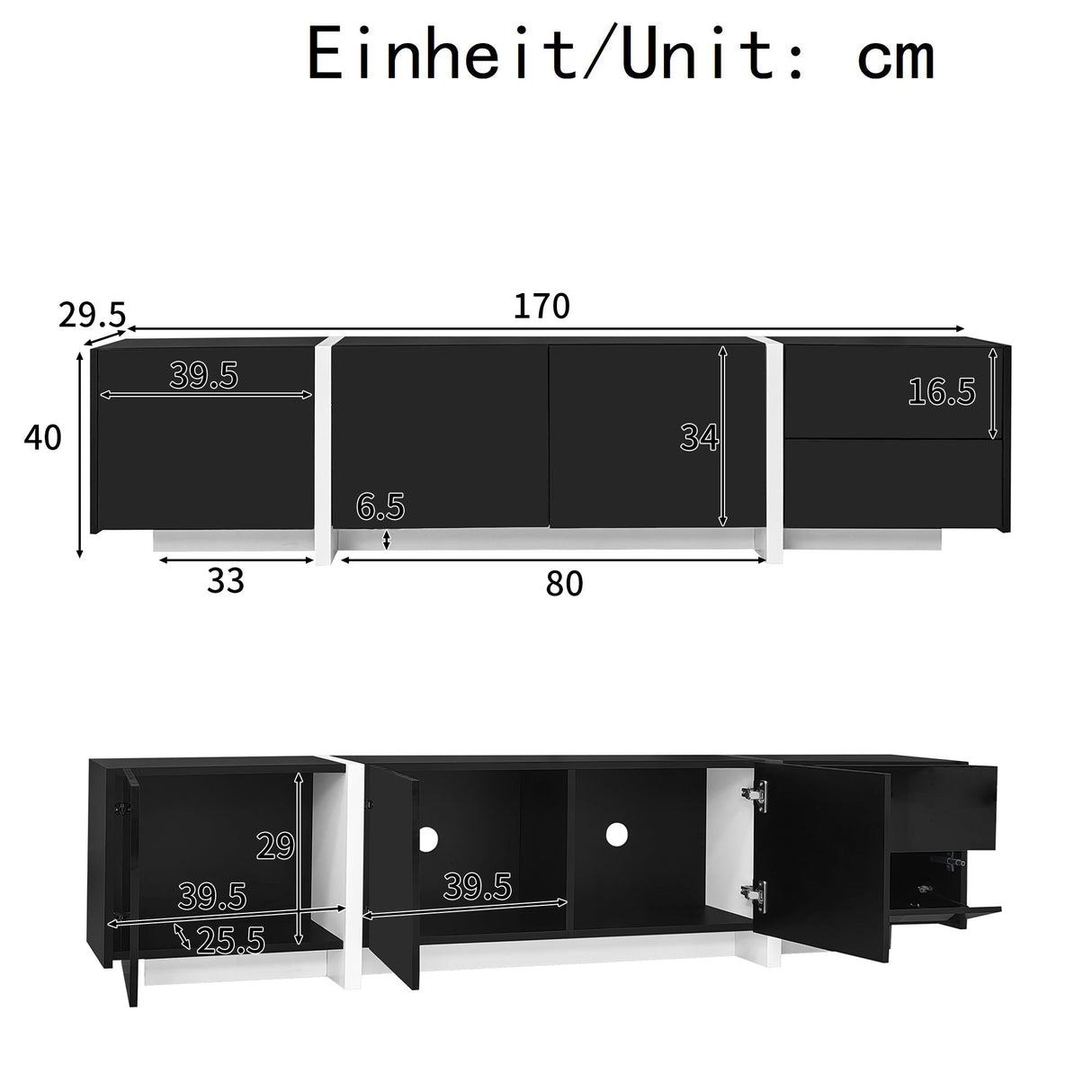 TV Cabinet, High-Gloss with Doors & Drawers, Black & White